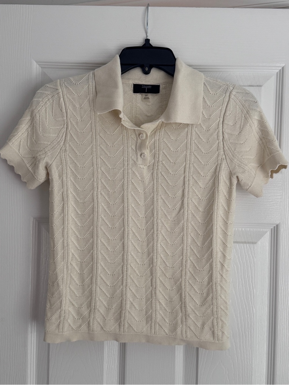 Tahari Cream Short-Sleeve Cable Knit Polo Sweater